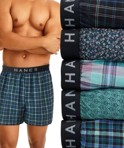 Men's Hanes Ultimate® 5-pack Plaid Woven Boxers -Mens Hanes Clothing Shop 1354811 Green Blue Plaid